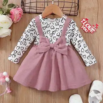 Walmart PatPat Baby Girl Allover Heart Print Bow Front Long-sleeve Spliced Dress offer