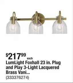 The Home Depot LumLight Foxhall 23 in. Plug and Play 3-Light Lacquered Brass Vanity Light with SkyPlug offer