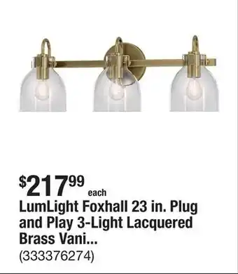 The Home Depot LumLight Foxhall 23 in. Plug and Play 3-Light Lacquered Brass Vanity Light with SkyPlug offer