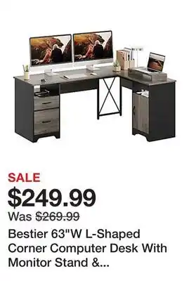 Office Depot Bestier 63W L-Shaped Corner Computer Desk With Monitor Stand & Open Storage, Gray offer
