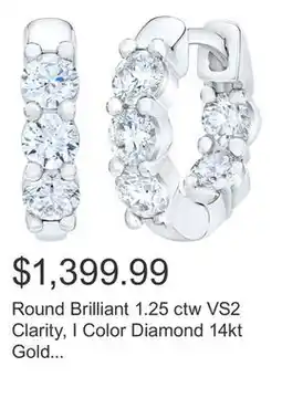 Costco Round Brilliant 1.25 ctw VS2 Clarity, I Color Diamond 14kt Gold Hoop Earrings offer