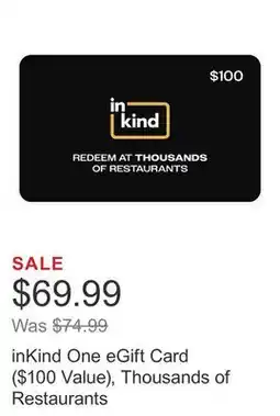 Costco inKind One eGift Card ($100 Value), Thousands of Restaurants offer