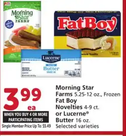 Vons Morning Star Farms 5.25-12 oz., Frozen Fat Boy Novelties 4-9 ct. or Lucerne Butter 16 oz offer