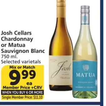 Vons Josh Cellars Chardonnay or Matua Sauvignon Blanc offer