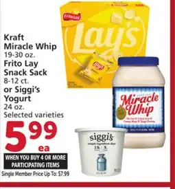 Vons Kraft Miracle Whip 19-30 oz. Frito Lay Snack Sack 8-12 ct. or Siggi's Yogurt 24 oz offer