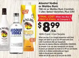 Ralphs Absolut Vodka or Malibu Rum offer