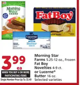 Albertsons Morning Star Farms 5.25-12 oz., Frozen Fat Boy Novelties 4-9 ct. or Lucerne Butter 16 oz offer