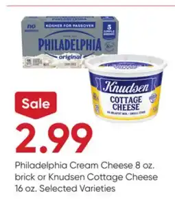 Stater Bros Philadelphia Cream Cheese 8 oz. brick or Knudsen Cottage Cheese 16 oz offer