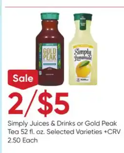 Stater Bros Simply Juices & Drinks or Gold Peak Tea offer