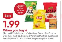 Stater Bros Lay's, Lay's Kettle or Baked 5 to 8 oz. or Dips 15 or 15.75 oz offer