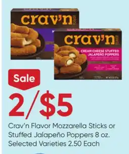 Stater Bros Crav'n Flavor Mozzarella Sticks or Stuffed Jalapeño Poppers offer