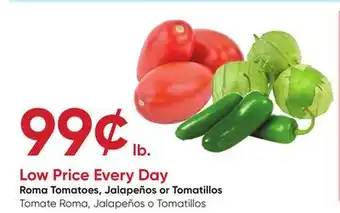 Stater Bros Roma Tomatoes, Jalapeños or Tomatillos offer