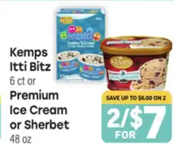 Tony’s Fresh Market Kemps Itti Bitz 6 ct or Premium Ice Cream 48 oz offer