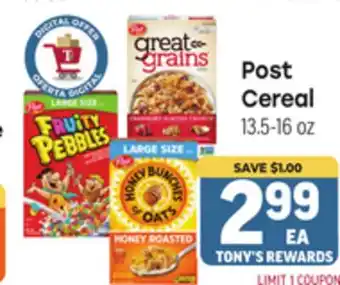 Tony’s Fresh Market Post Cereal offer