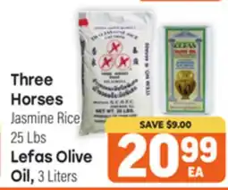 Tony’s Fresh Market Three Horses Jasmine Rice 25 Lbs, Lefas Olive Oil 3 Liters offer