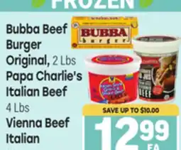 Tony’s Fresh Market Bubba Beef Burger Original, 2 Lbs Papa Charlie's Italian Beef 4 Lbs Vienna Beef Italian 36 oz offer
