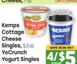 Tony’s Fresh Market Kemps Cottage Cheese Singles, 5.3 oz YoCrunch Yogurt Singles 6 oz offer