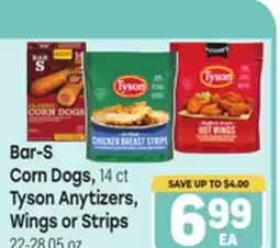 Tony’s Fresh Market Bar-S Corn Dogs, 14 ct Tyson Anytizers, Wings or Strips offer