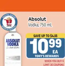 Tony’s Fresh Market Absolut Vodka offer