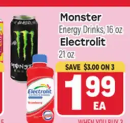 Tony’s Fresh Market Monster Energy Drinks, 16 oz Electrolit 21 oz offer