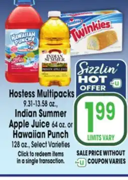 Jewel-Osco Hostess Multipacks Summer Apple 9.31-13.58 oz., Indian Juice 64 oz. or Hawaiian Punch 128 oz offer