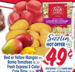 Jewel-Osco Red or Yellow Mangos ea., Roma Tomatoes lb, or Fresh Express 3 Color Cole Slaw 14 oz offer