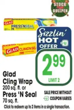 Jewel-Osco Glad Cling Wrap 200 sq.ft. or Press 'N Seal 70 sq.f offer