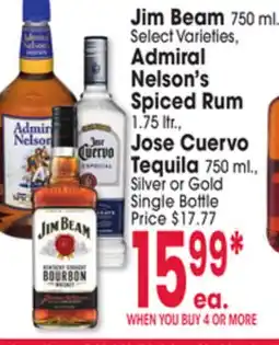 Jewel-Osco Jim Beam 750 ml. Admiral Nelson's Spiced Rum 1.75 ltr., Jose Cuervo Tequila 750 ml., Silver or Gold offer