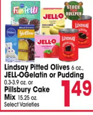 Jewel-Osco Lindsay Pitted Olives 6 oz., JELL-O Gelatin or Pudding 0.3-3.9 oz. or Pillsbury Cake Mix 15.25 oz offer