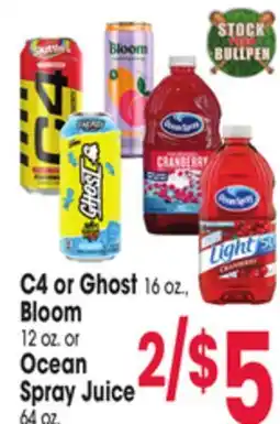 Jewel-Osco C4 or Ghost 16 oz., Bloom 12 oz. or Ocean Spray Juice 64 oz offer