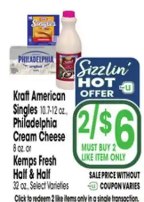 Jewel-Osco Kraft American Singles 10.7-12 oz., Philadelphia Cream Cheese 8 oz. or Kemps Fresh Half & Half 32 oz offer