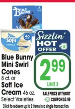 Jewel-Osco Blue Bunny Mini Swirl Cones 8 ct. or Soft Ice Cream 46 oz offer