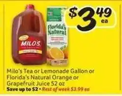 Winn Dixie Milo's Tea or Lemonade Gallon or Florida's Natural Orange or Grapefruit Juice 52 oz offer
