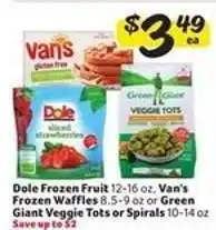 Winn Dixie Dole Frozen Fruit, Van's Frozen Waffles, Green Giant Veggie Tots or Spirals offer