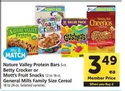 Safeway Nature Valley Protein Bars, Betty Crocker or Mott’s Fruit Snacks, General Mills Family Size Cereal offer