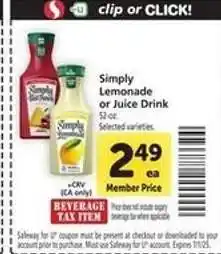 Safeway Simply Lemonade or Juice Drink offer