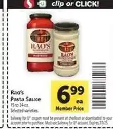 Safeway Rao's Pasta Sauce offer