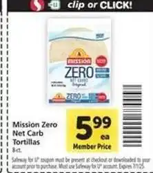 Safeway Mission Zero Net Carb Tortillas offer