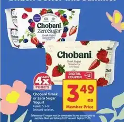 Safeway Chobani Greek or Zero Sugar Yogurt offer