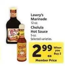 Safeway Lawry's Marinade / Cholula Hot Sauce offer