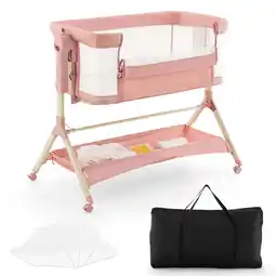 Walmart Costway Height Adjustable Bedside Sleeper Baby Crib with Storage Bag Pink offer