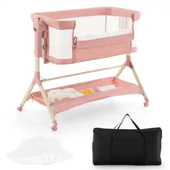 Walmart Costway Height Adjustable Bedside Sleeper Baby Crib with Storage Bag Pink offer