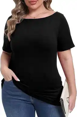 Walmart Gocolloa Womens Plus Size Boat Neck Short Sleeve T Shirts Slim Fit Summer Dressy Tops Tee Black 2X offer