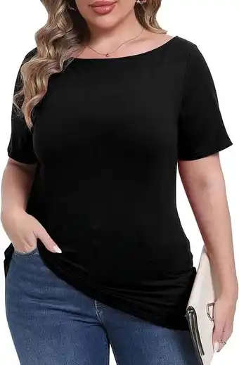 Walmart Gocolloa Womens Plus Size Boat Neck Short Sleeve T Shirts Slim Fit Summer Dressy Tops Tee Black 2X offer