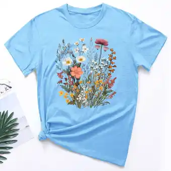 Walmart Blmnix Blue Womens Tops Short Sleeve Fashion Dressy Floral Fall Loose Going Out Casual Girls Tees offer