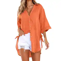 Walmart Cotonie Single Breasted Long Sleeve Irregular Hem Shirt for Women Tops Lapel With Poket,Orange,S offer