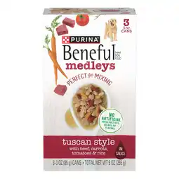 Walmart Purina Beneful Medleys Wet Dog Food High Protein Tuscan Style Soft Beef, 3 oz Cans (3 Pack) offer
