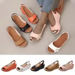 Walmart Fesfesfes Sandals Women's Vintage Buckle Wedge Heel Open Toe Low Peep-Toe Roman Sandals 4.5(35) offer