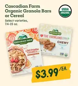 Sprouts Farmers Market Cascadian Farm Organic Granola Bars or Cereal offer