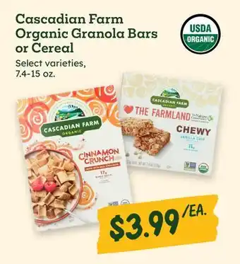 Sprouts Farmers Market Cascadian Farm Organic Granola Bars or Cereal offer